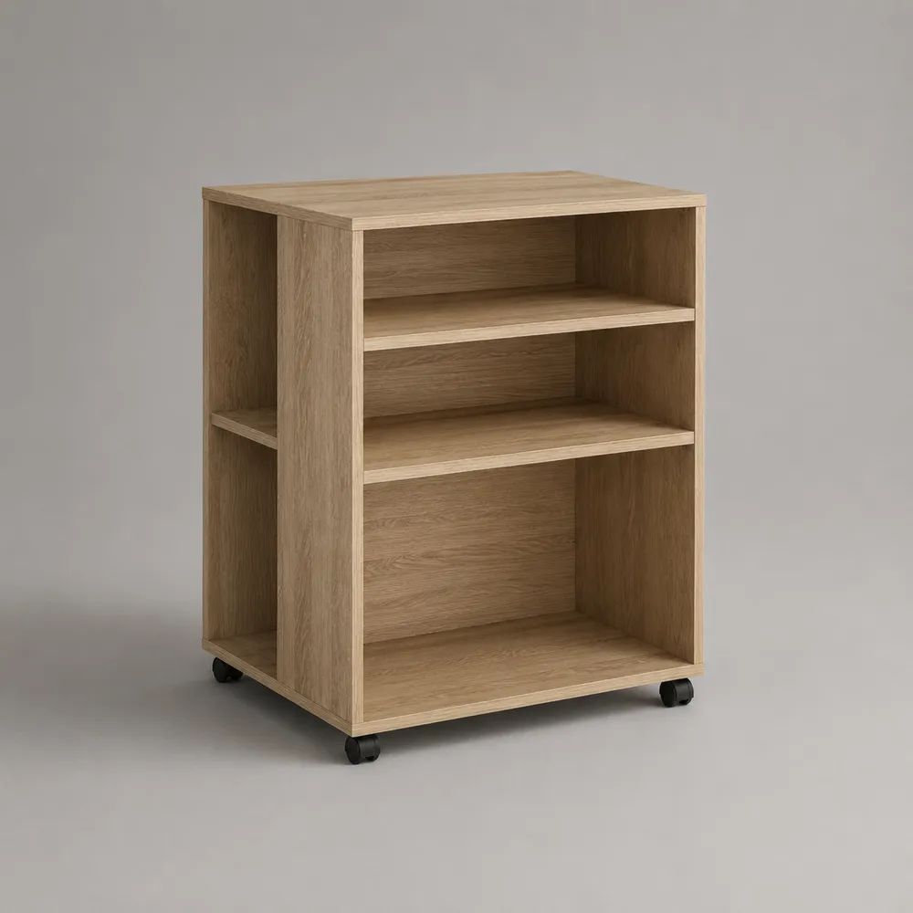Rollcontainer Büroregal mit 3 offenen Fächern aus melaminharzbeschichteter Spanplatte, Eiche Natur, 60 × 40 × 75 cm