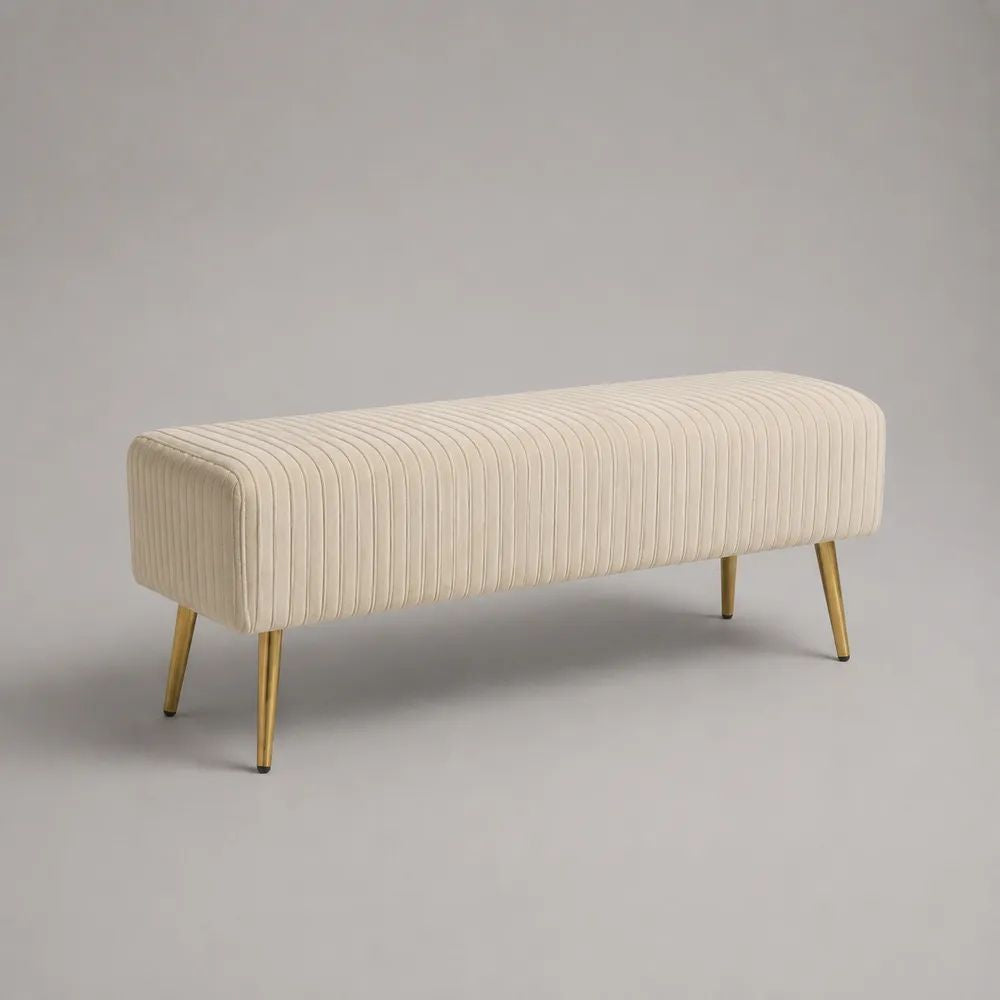 Bettbank aus Polyester-Cord in Cremeweiß mit goldfarbenen Stahlbeinen, 120 × 40 × 45 cm