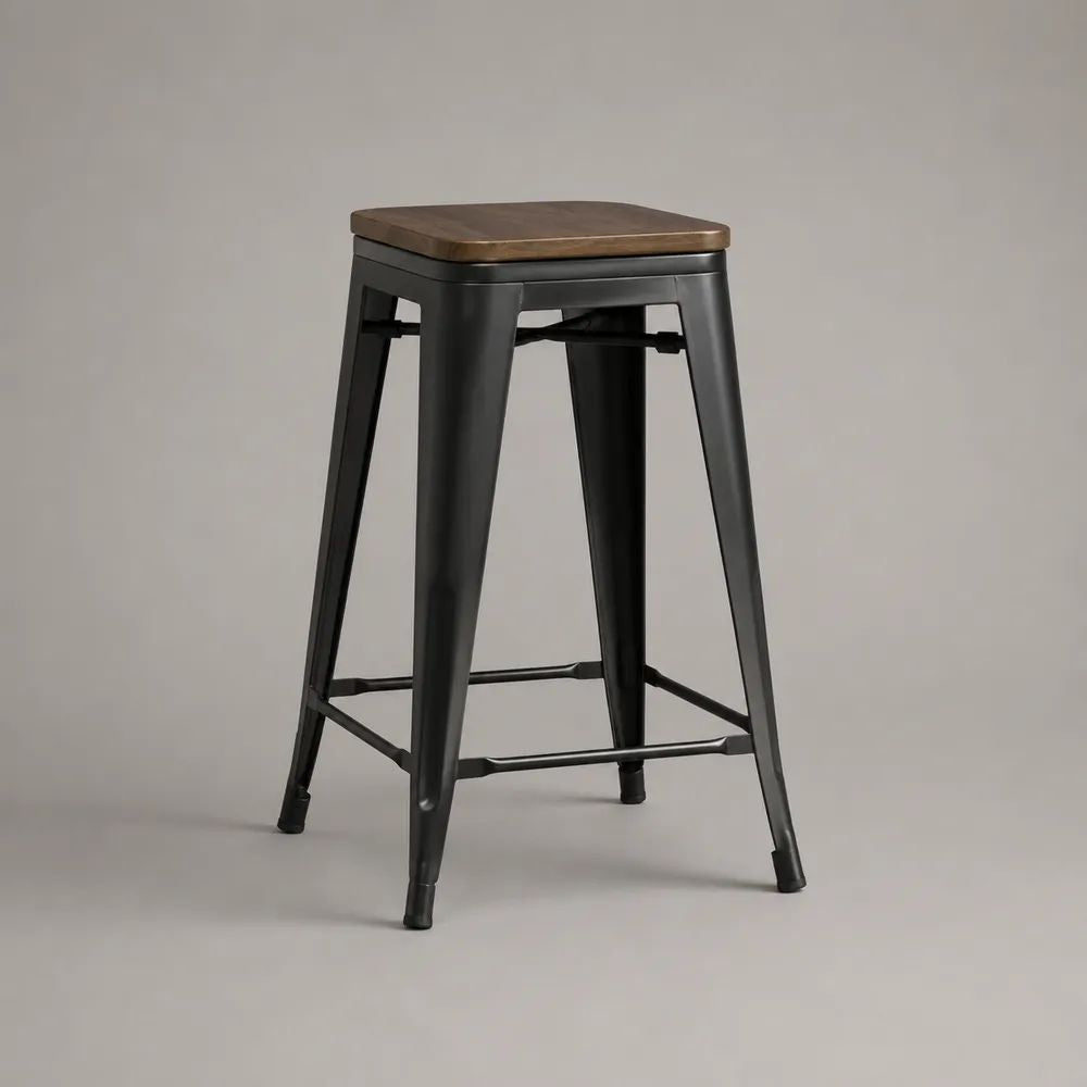 Quadratischer Barhocker aus Stahl und Massivholz, Schwarz/Braun, 43 × 43 × 76 cm