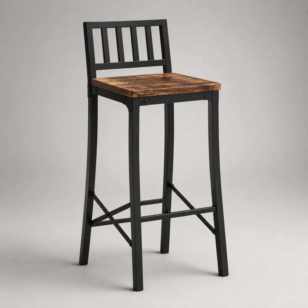Barhocker mit Rückenlehne, Stahlgestell und MDF-Sitzfläche, Schwarz/Braun, 40 × 43 × 104 cm
