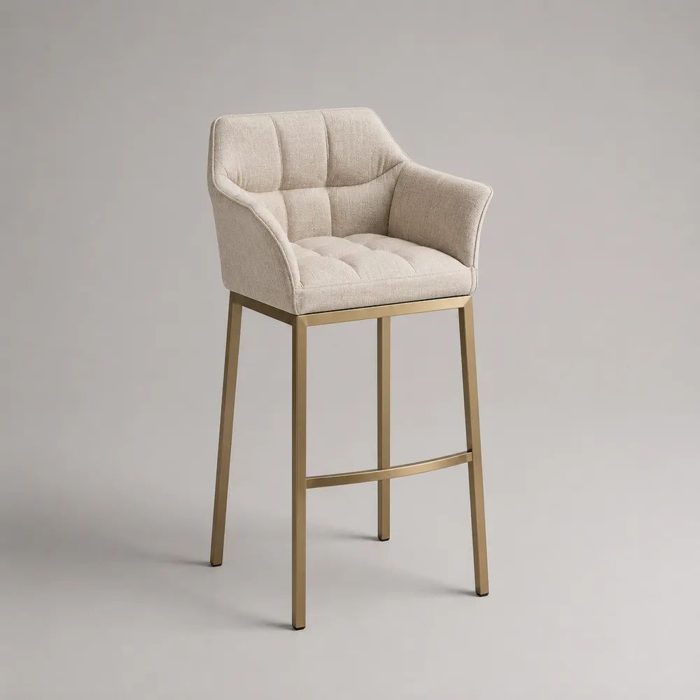 Barhocker mit Armlehnen, Stoffbezug und Stahlgestell, Beige/Gold, 56 × 55 × 101 cm, Sitzhöhe 75 cm