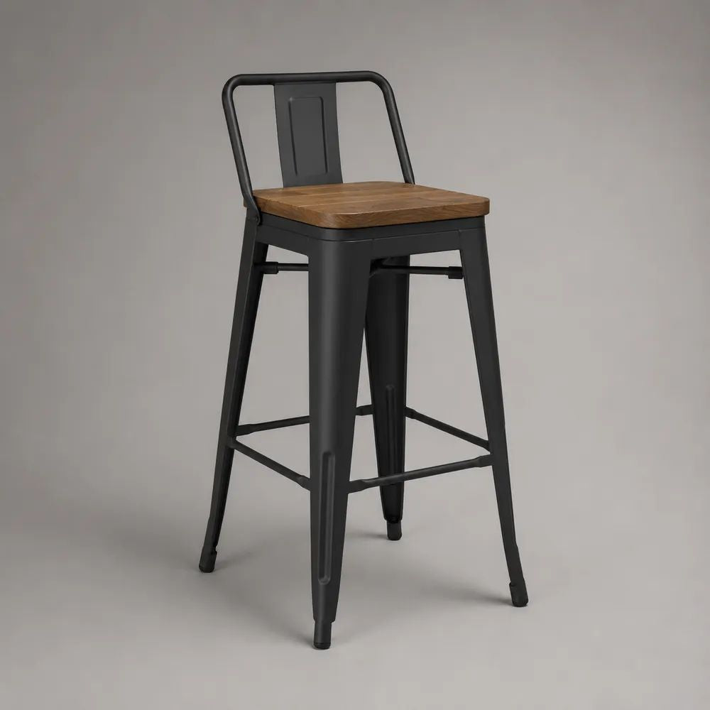 Barhocker mit Rückenlehne aus Stahl und Massivholz, Schwarz/Braun, 43 × 48 × 104 cm
