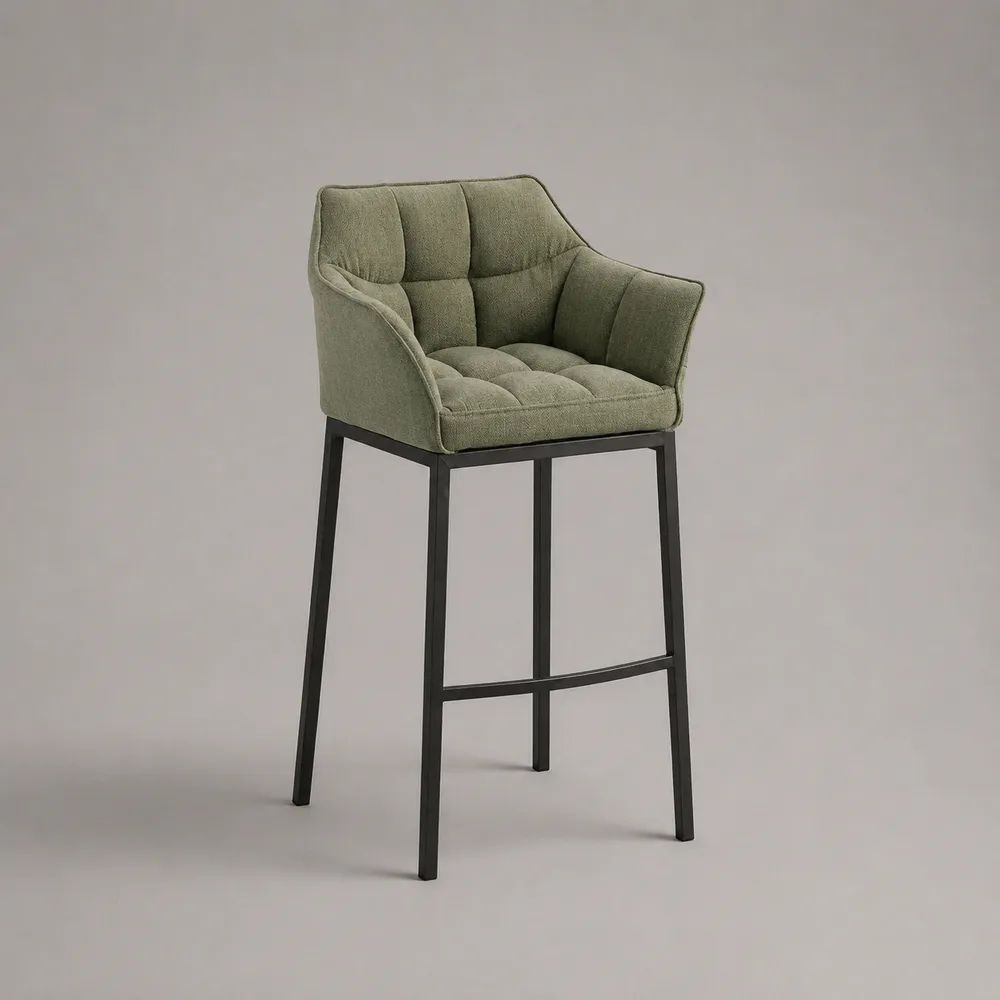 Barhocker mit Armlehnen, gepolstertem Stoffbezug und Stahlgestell, Olivgrün/Schwarz, 55 × 57 × 101 cm