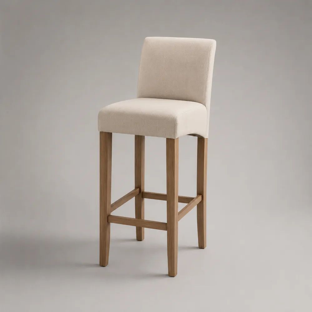 Barhocker mit Rückenlehne, Stoffbezug und Massivholzgestell, Beige/Natur, 44 × 50 × 105 cm