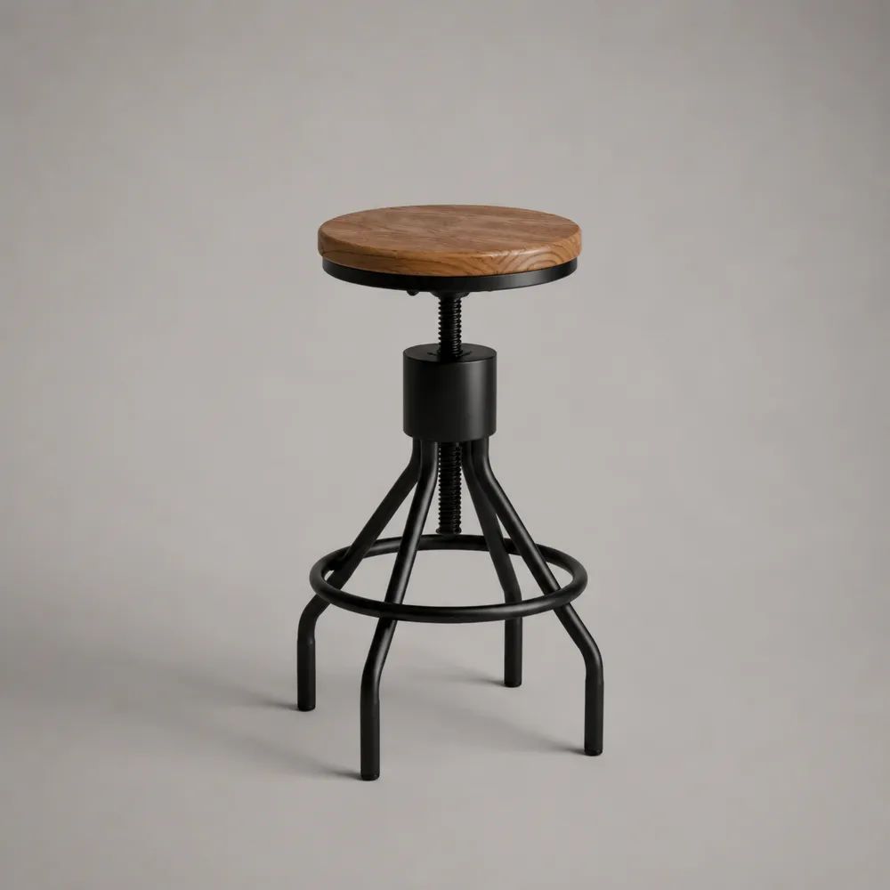 Höhenverstellbarer Barhocker aus Massivholz und Metall, Braun/Schwarz, Sitzhöhe 60–78 cm, Sitzfläche Ø 35 cm