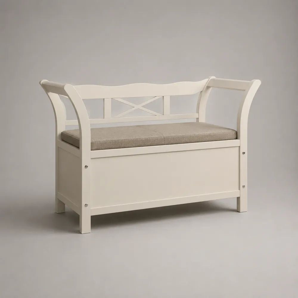 Sitzbank mit Stauraum und Sitzkissen aus MDF und Kiefernholz, Weiß/Graubeige, 100 × 40 × 80 cm