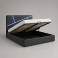 Polsterbett mit Bettkasten, Lattenrost und blauer LED-Beleuchtung, 160 × 200 cm, PU-Kunstleder, Schwarz