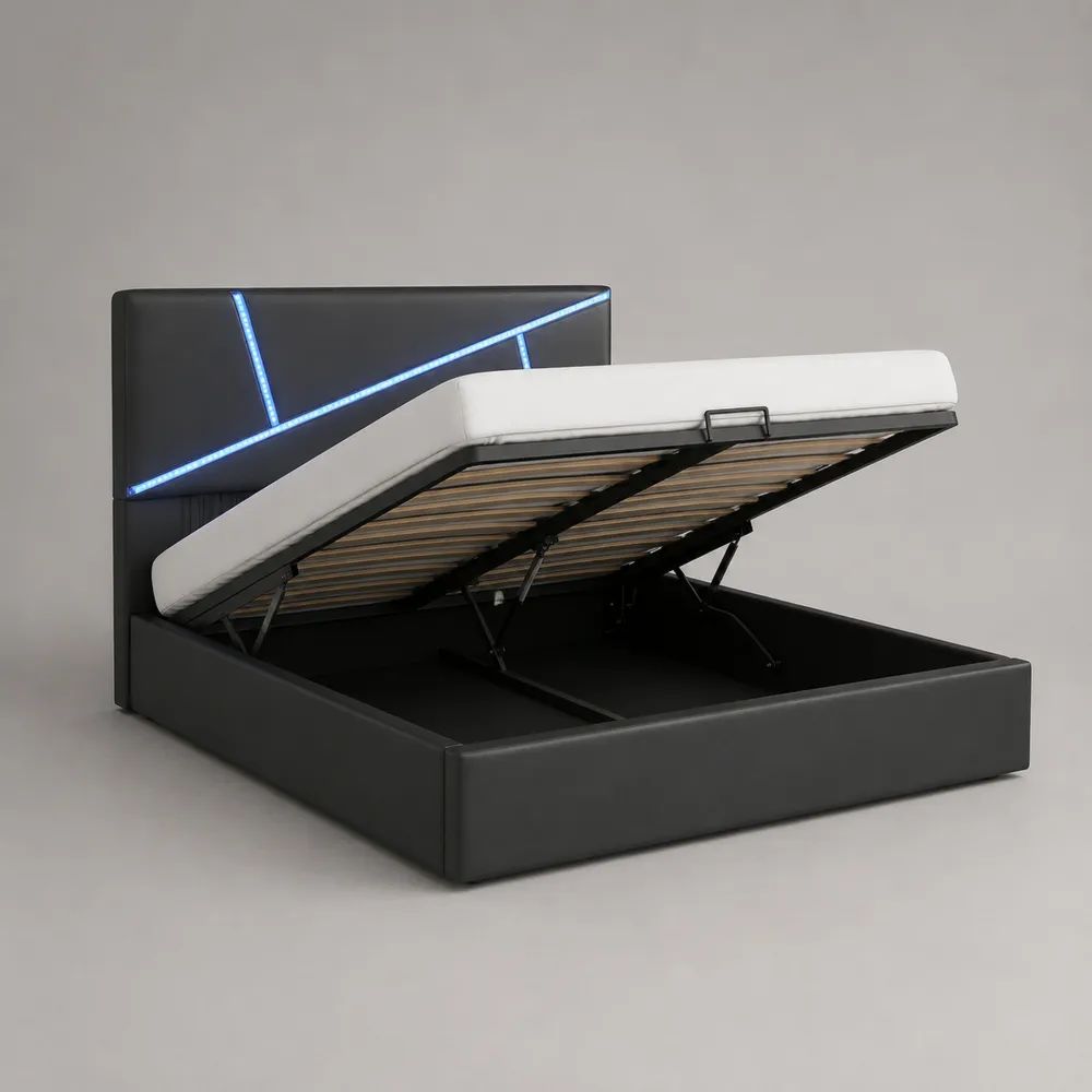 Polsterbett mit Bettkasten, Lattenrost und blauer LED-Beleuchtung, 160 × 200 cm, PU-Kunstleder, Schwarz