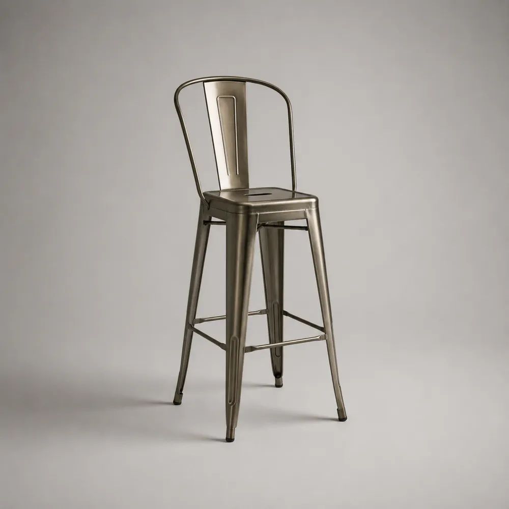 Barhocker aus Stahl mit Rückenlehne, Bronze, 43 × 43 × 117 cm, Sitzhöhe 76 cm
