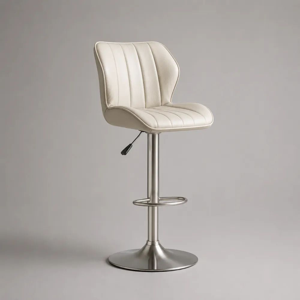Höhenverstellbarer Barhocker aus Polyestersamt und Metall, 360° drehbar, Creme/Silber/Schwarz, 50 × 48 × 87–108 cm