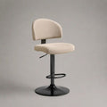 Höhenverstellbarer Barhocker mit Rückenlehne, 360° drehbar, Bouclébezug und Stahlgestell, Beige/Schwarz, 47 × 49 × 84–105 cm