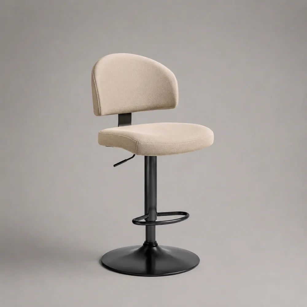 Höhenverstellbarer Barhocker mit Rückenlehne, 360° drehbar, Bouclébezug und Stahlgestell, Beige/Schwarz, 47 × 49 × 84–105 cm