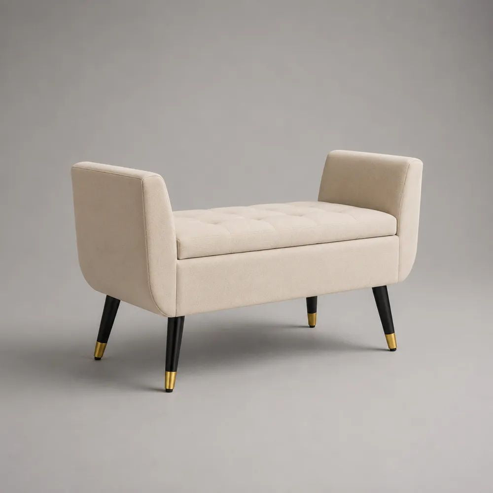 Gepolsterte Bettbank mit Armlehnen, Polyesterbezug und Holzbeinen, Beige, 105 × 43 × 66 cm